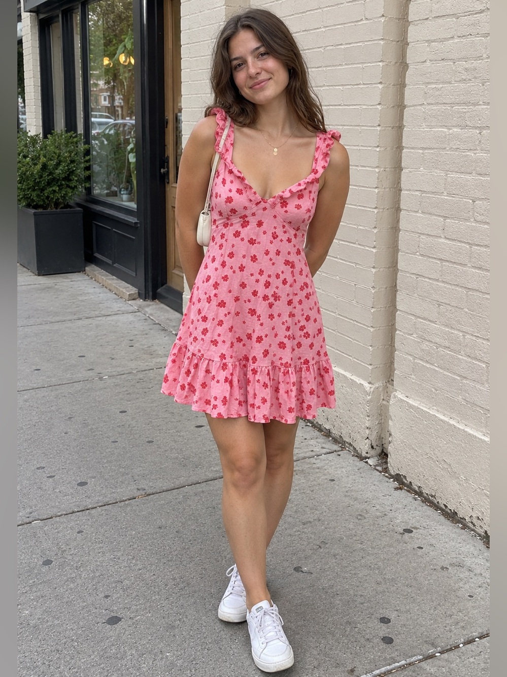 Zara Pink & Red Floral Ruffle Hem Mini Dress Size S